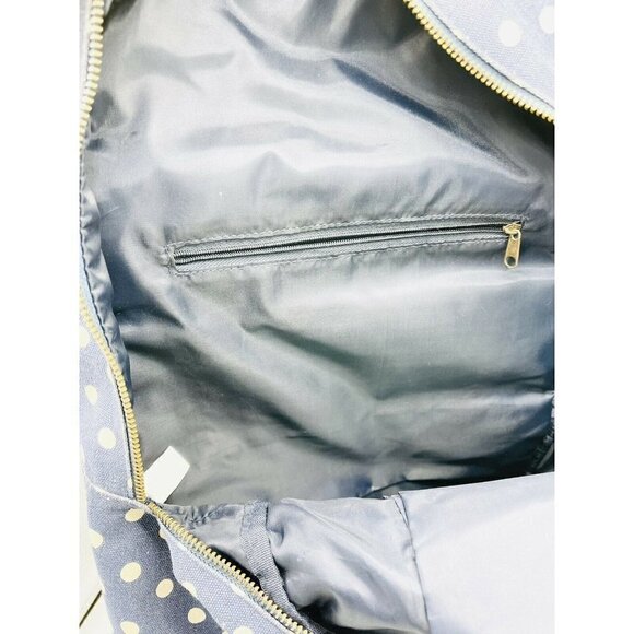 Navy Blue w White Polka Dots Backpack Cream Sparkle Trim Brown Faux Leather - Picture 8 of 9